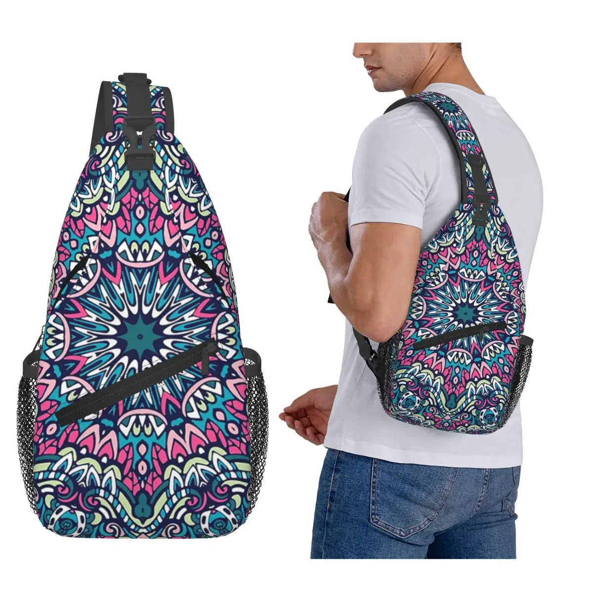Mandala Oriental Ornament Buddhist Pattern Chest Bag Men Sling Crossbody Backpack Chest Bag Travel Hiking Daypack Shoulder Bag