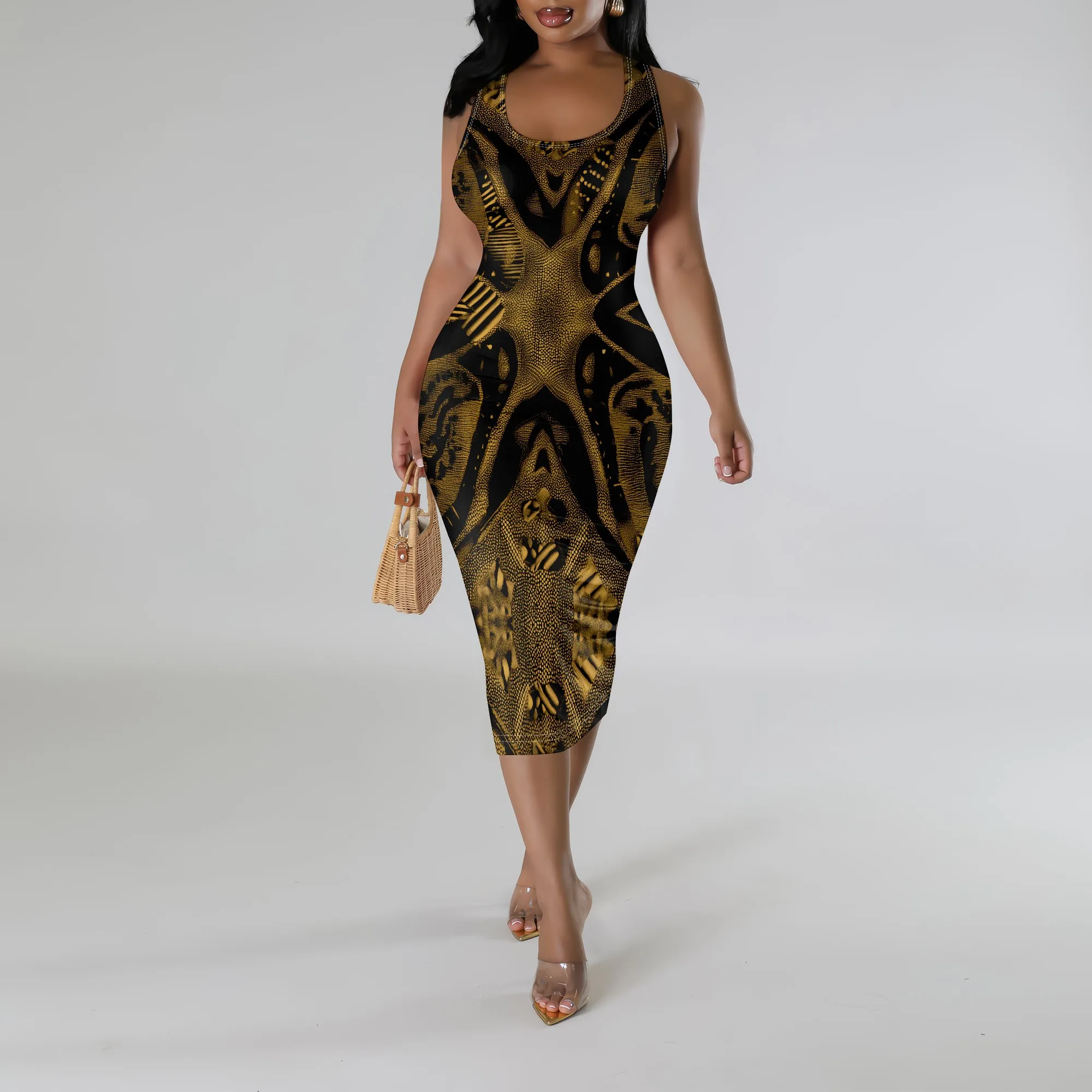 

Gold Brown Abstract Print Bodycon Midi Dress XS‑3XL Sleeveless Scoop Neck Style for Evening Party, Art Event or Bold Street Look