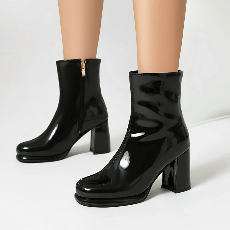 Metallic Gold Silver Pink Zip Up Stretch Ankle Women Boots Platform Chunky Square High Heels Women Gothic Shoes Big Size 48 49