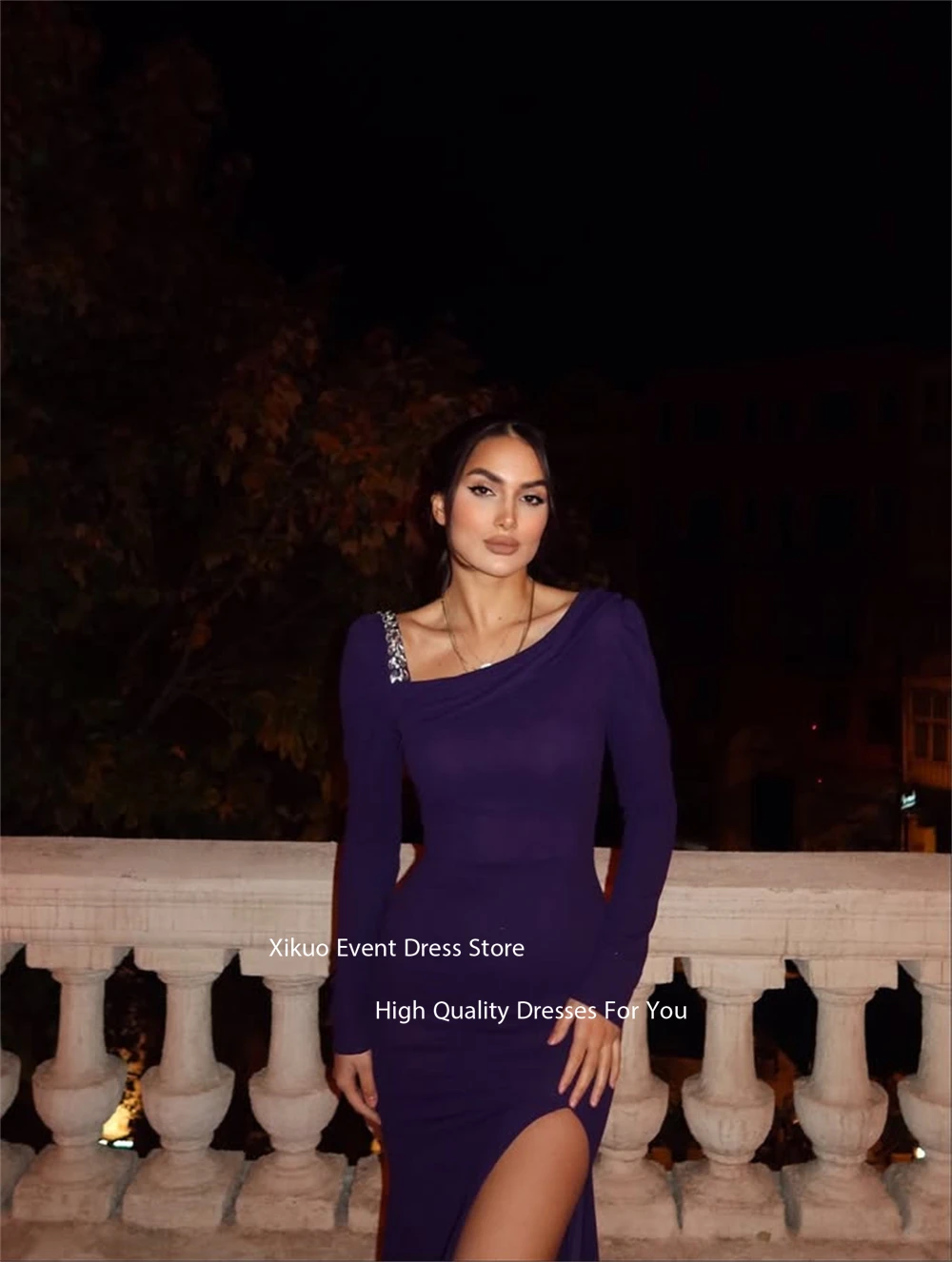 Xikuo preto alta fenda vestidos de noite bling cristal mangas compridas robe cocktail femmes até o chão sexy vestidos de baile personalizado