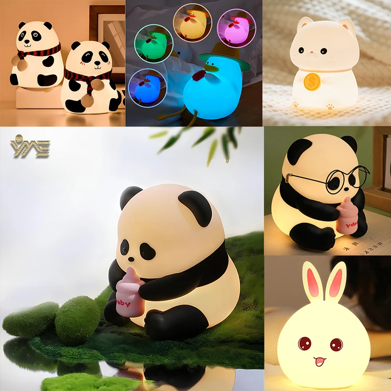 Niedliche Panda-Silikonlampe, Touch-Sensor, Wiederaufladbare LED, Schlafzimmerlampe, Nachttischlampe, Cartoon-Spielzeug, Schlaf-Nachtlicht,