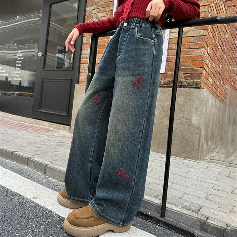 

Loose Wide Leg Trousers Teen High Street Leg Denim Long Pants Casual Sweatpants 5-14Y Girls Straigh Jeans Pants With Bows Kids
