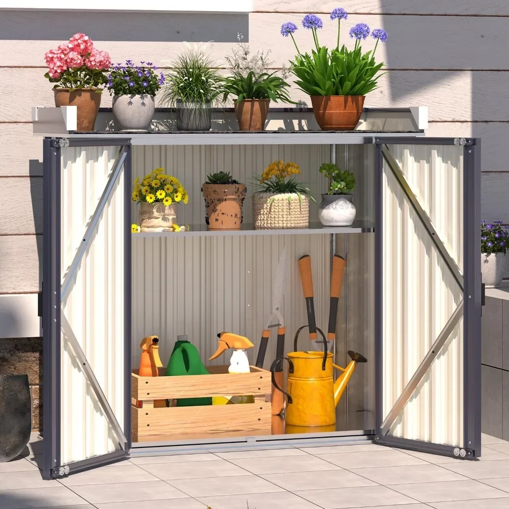 

Outdoor Storage Cabinet Waterproof, Potting Workbench Table with Adjustable Shelves, Outside Metal Sheds & Outdoor Stora