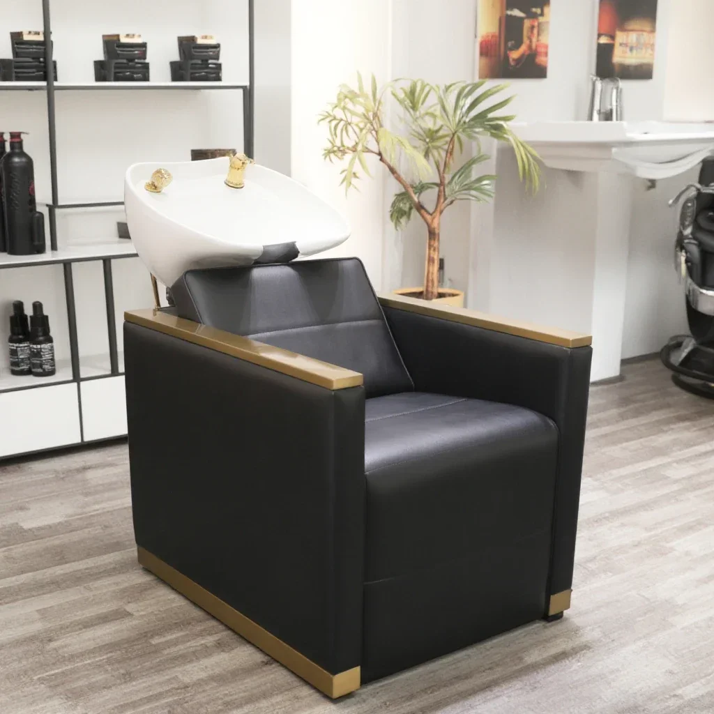 

Guangzhou Salon Furniture Gold Shampoo Hair Wash Chair with White Bowl for Black Hair Wash Chair