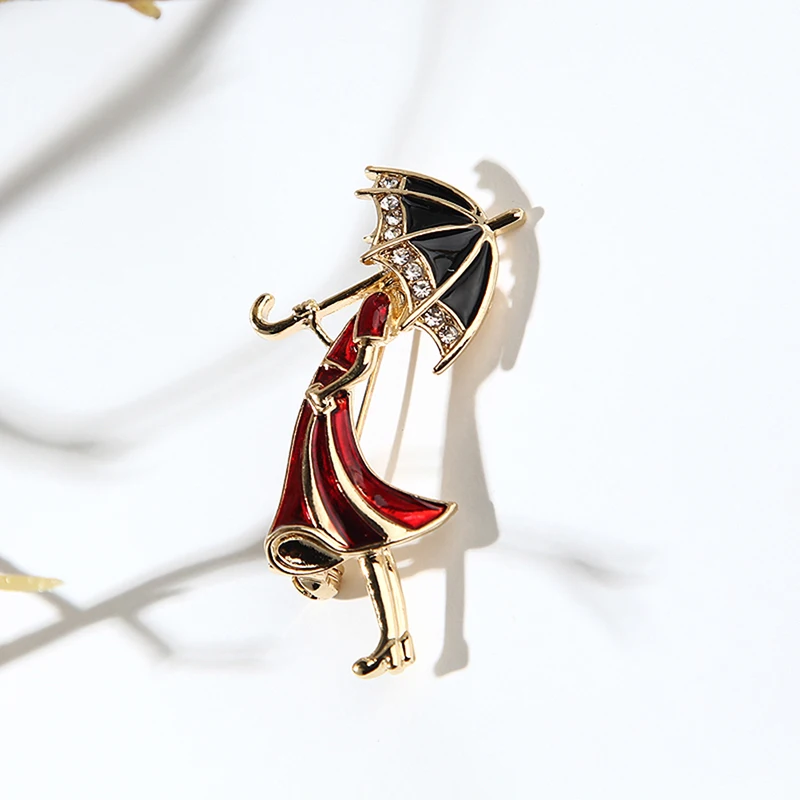 Enamel Crystal Rhinestone Girl Wearing Umbrella Collar Brooch Pins Jewelry Gift