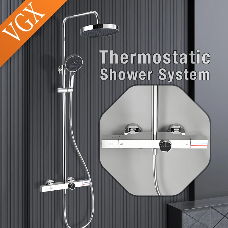 VGX Chrome Thermostatic Shower System Set Gold Shower Set Luxury Bathroom Shower Faucet Set Brass Rainfall Bathroom Shower Set