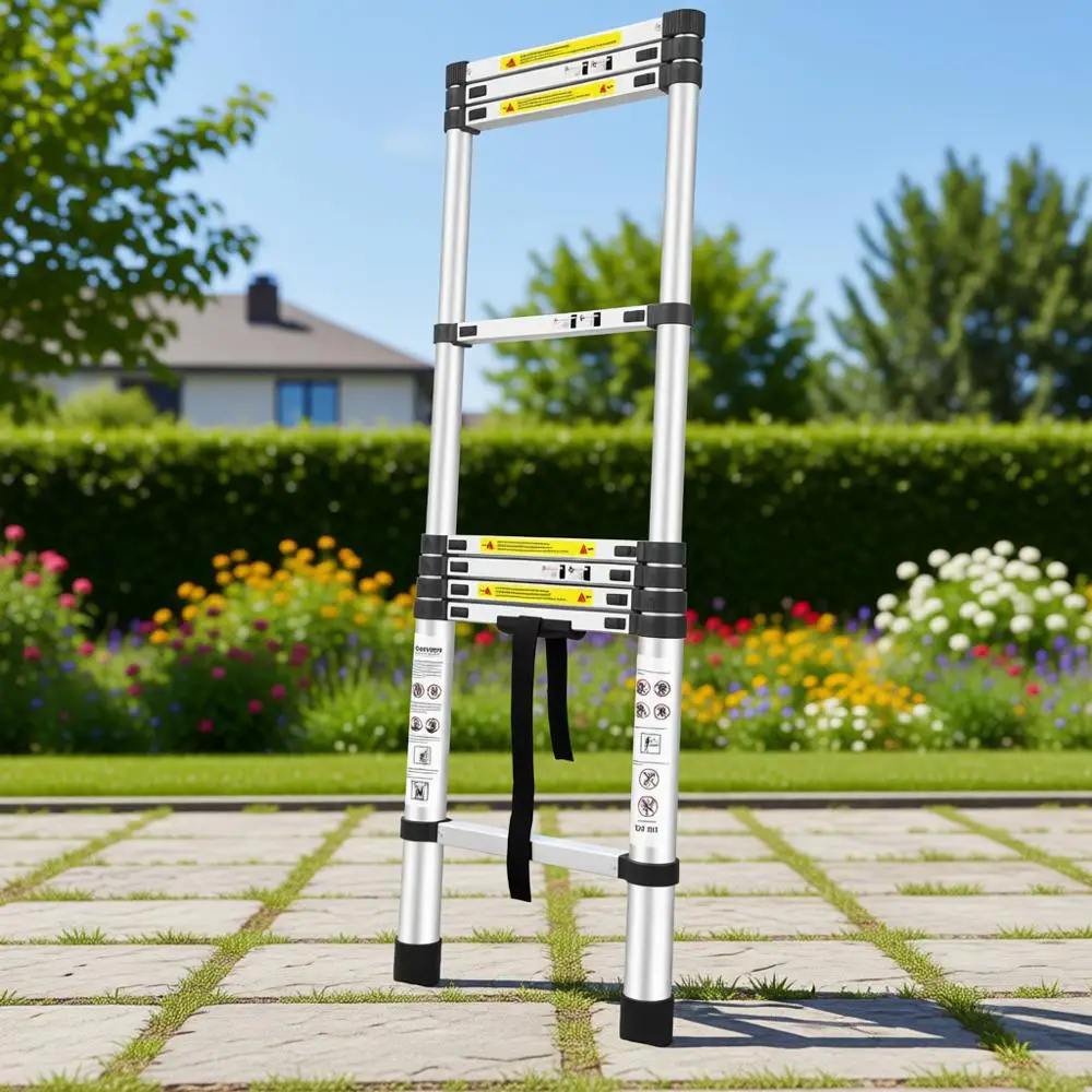 

Телескопическая лестница-стремянка, 8,5 футов/2,6 м, сертифицирована по стандарту EN131, грузоподъемность 330 фунтов, идеально подходит для автодомов, чердаков и наружных работ.