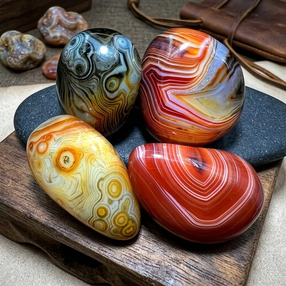 Polished Madagascar Agate Geode Stone Specimen, Natural Silk Banded Crystal Pebble for DIY Craft, Healing Mineral &