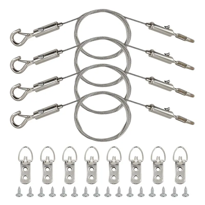 SHGO-Stainless Steel Wire Rope Picture Hanging Wire Kit 4 Pack-25Kg Load Capacity Adjustable With D Rings Included