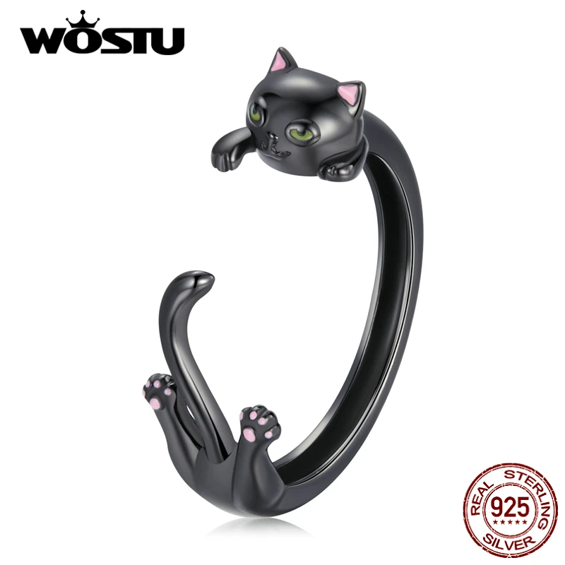 WOSTU 925 Sterling Silver Cute Cat Pink Paw Opening Rings For Women Animal Cool Black Cat Adjustble Ring Birthday Jewelry Gift