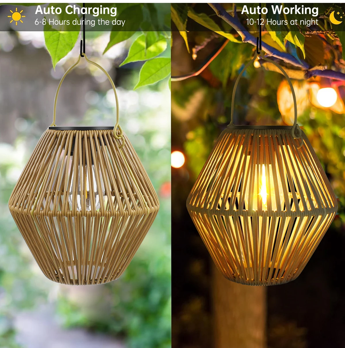 Solarlaterne für den Außenbereich, Solarlaternen, wasserdicht, zum Aufhängen im Freien, gewebte Laterne, Boho-Lampe, Lichter, Dekoration für Garten, Hof – Detail 2