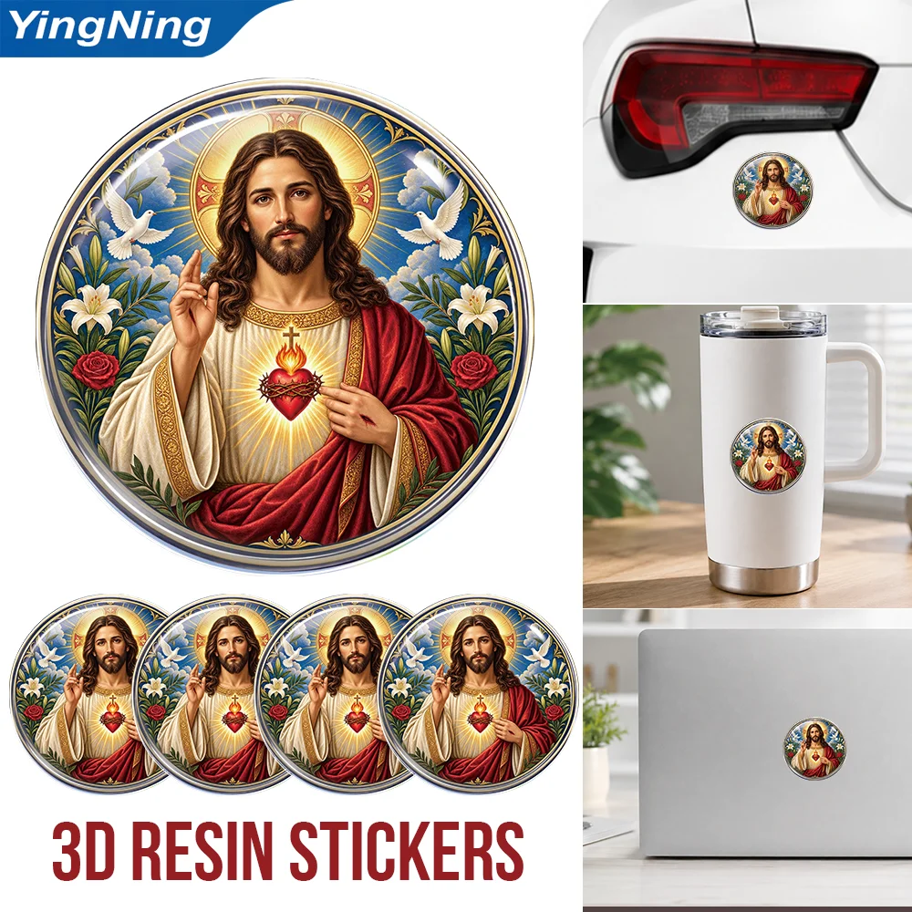 Christian Jesus Sacred Heart 3D Epoxy Resin Car Sticker Round Religious Decal for Auto Truck SUV Laptop Cup Window Decor Gift