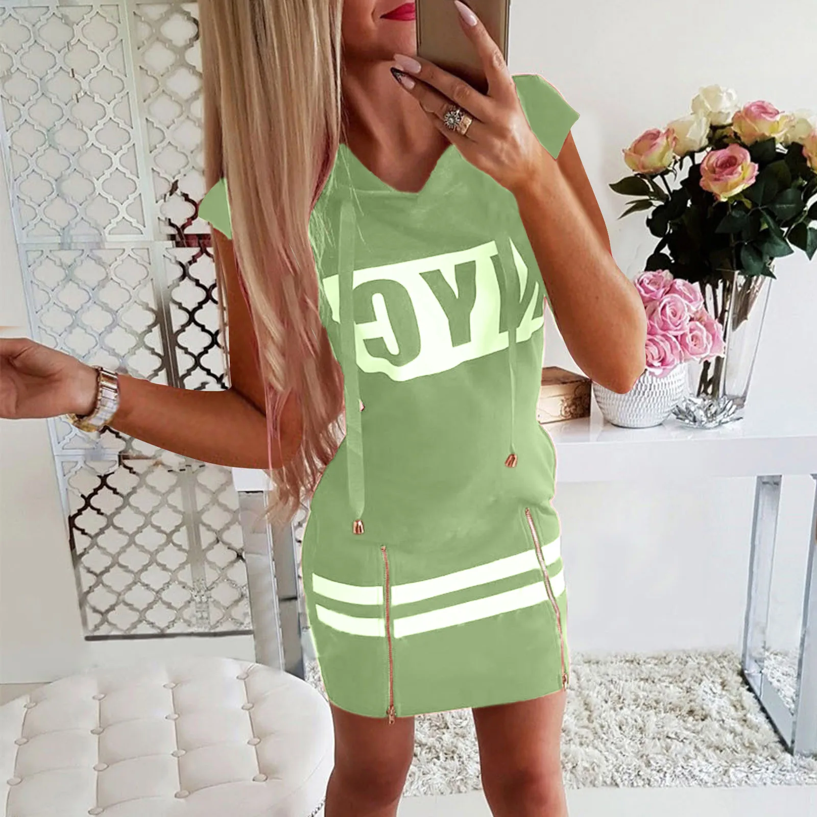Mulheres zíper moda vestido de manga curta fino ajuste solto curto impressão com capuz pulôver vestidos túnica vestido ropa de mujer notícias