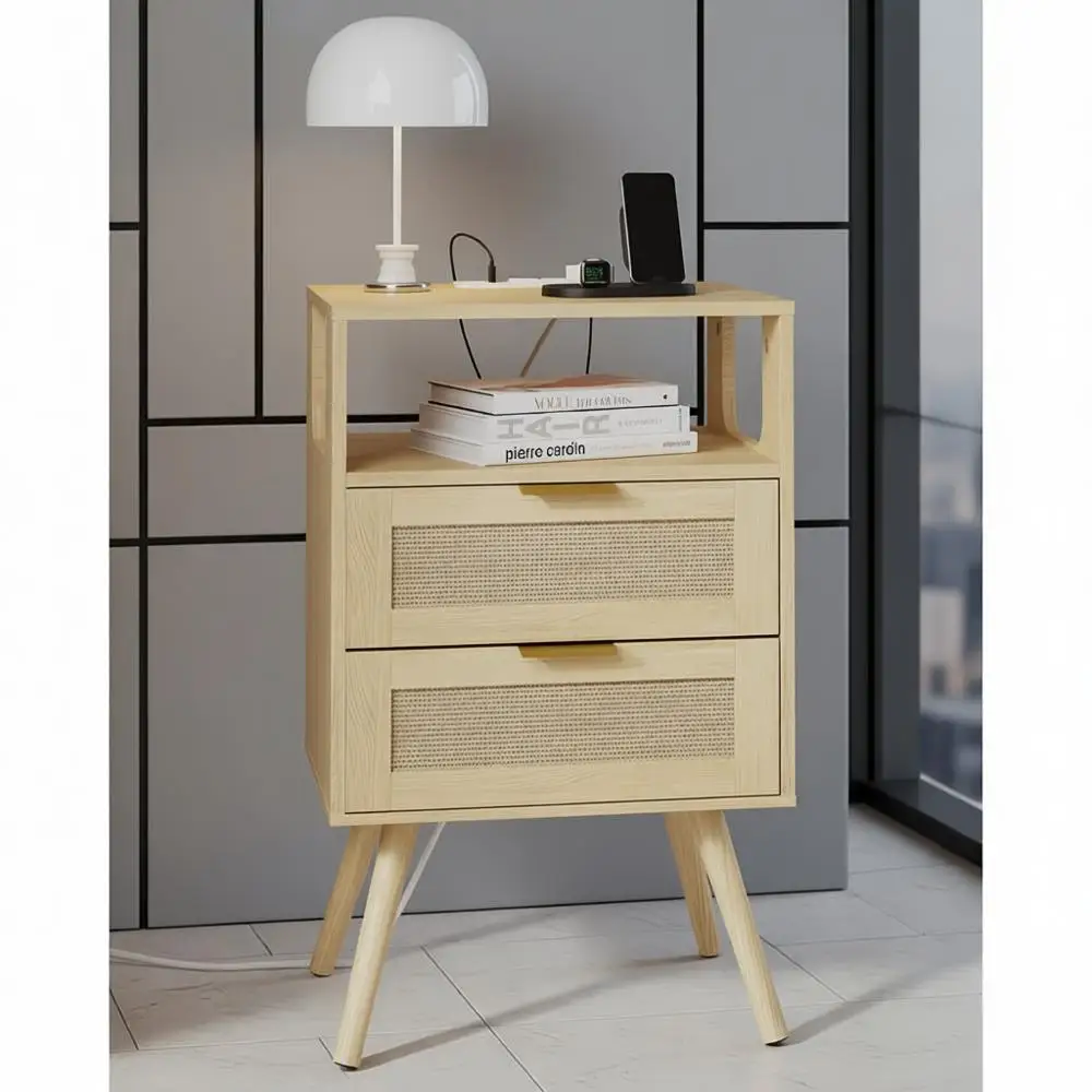 

Rattan Nightstand with Charging Station,Farmhouse Bedside Table with 2 Storage Drawer and Open Wood Shelf, for Bedroom and Small