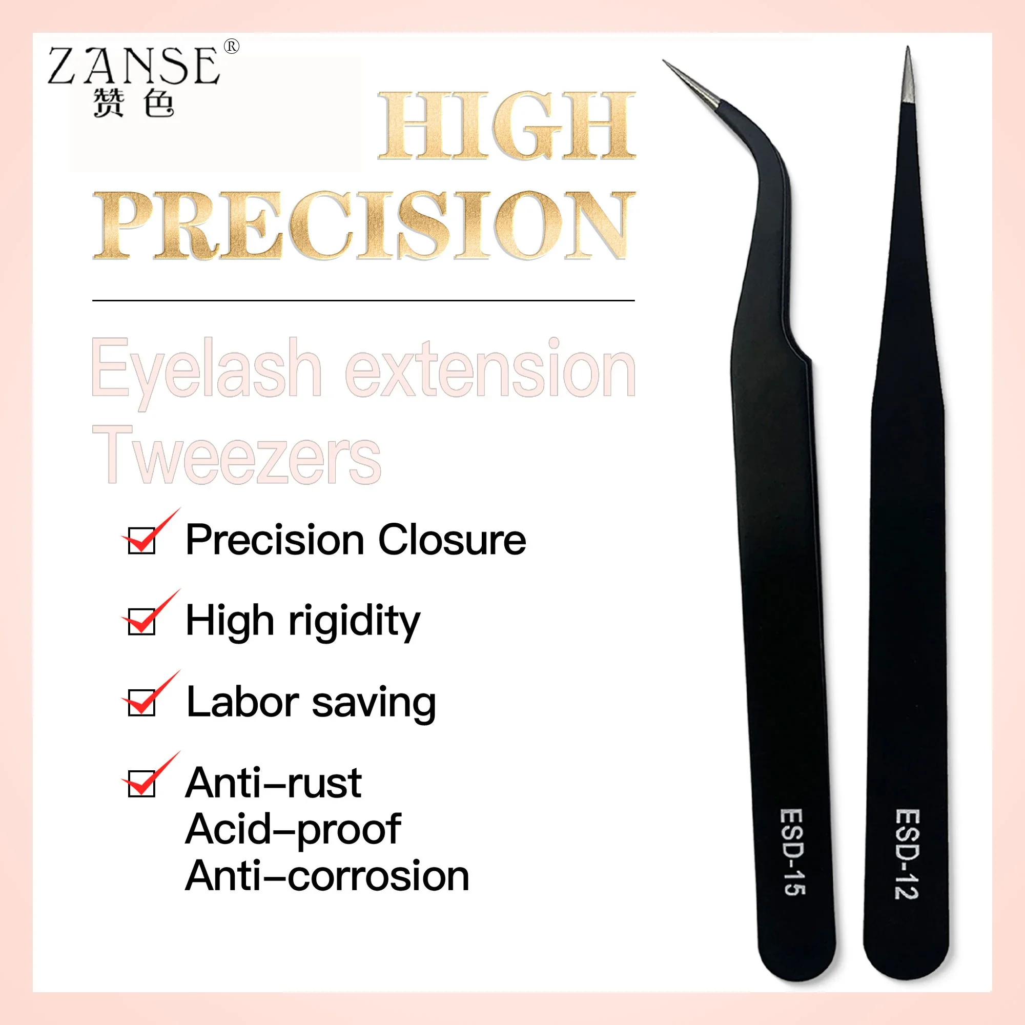 ZANSE-Pince à épiler en acier inoxydable, applicateur antistatique de haute précision pour extensions de cils, outils de maquillage