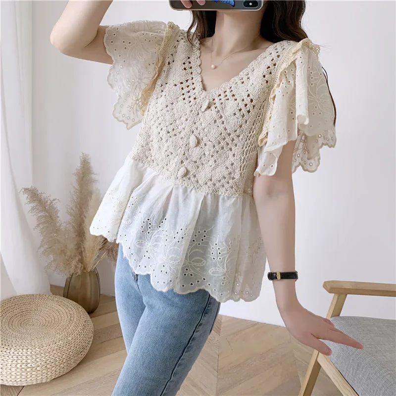 Sleeve Blouse Loose Sexy Round Neck Pullover with Lace Top Blusas Clothes for Women Tops Shirts Blouses