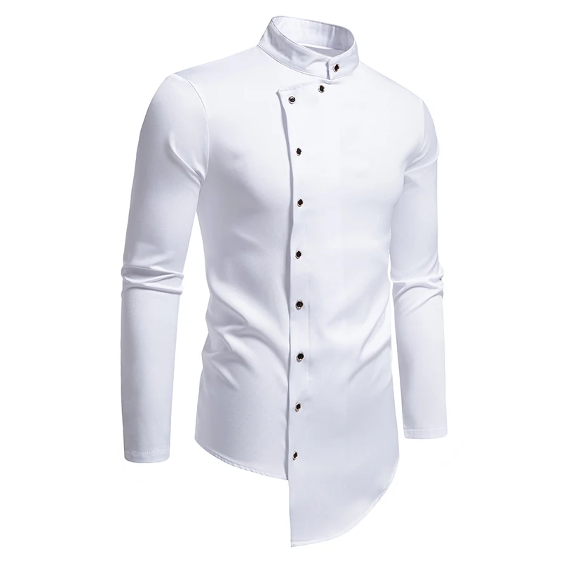 Mens Dress Shirts Vintage Personality Irregular Crop Long Sleeve Business Stand Collar Shirt Men Camisas Streetwear Blusas Tops