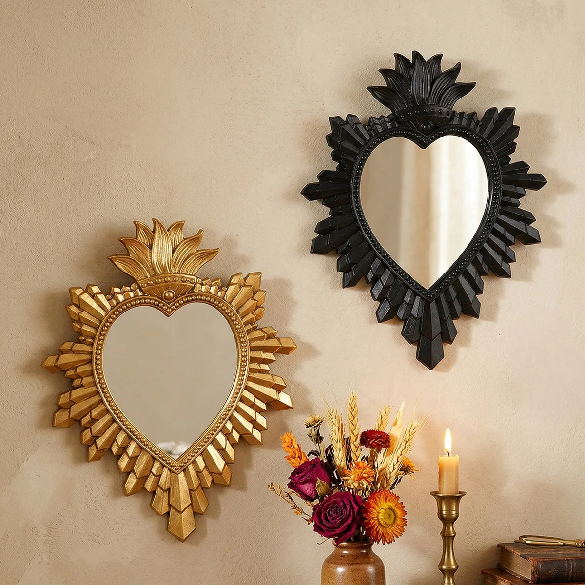 YFY French carved love dressing mirror old black gold heart wall hanging mirror entrance bedroom retro wall decoration
