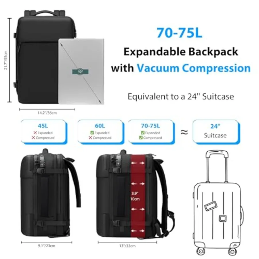 فراغ حقيبة السفر 70L توسيع الهواء حقيبة ظهر مفرغة للسفر Vacpack السفر أكياس مكنسة مع مضخة TSA قفل USB شحن #5