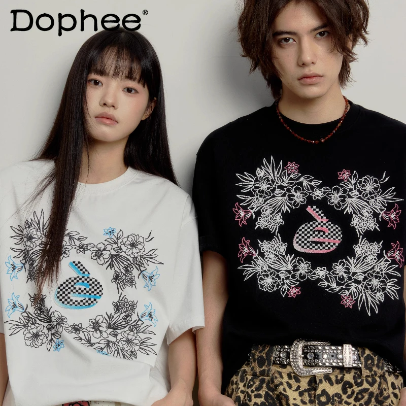 

Couple 2025 Summer New Flower Short-sleeve Design Round Neck Tops Fashion Embroidered Letter T-shirts Stylish Personality Tees