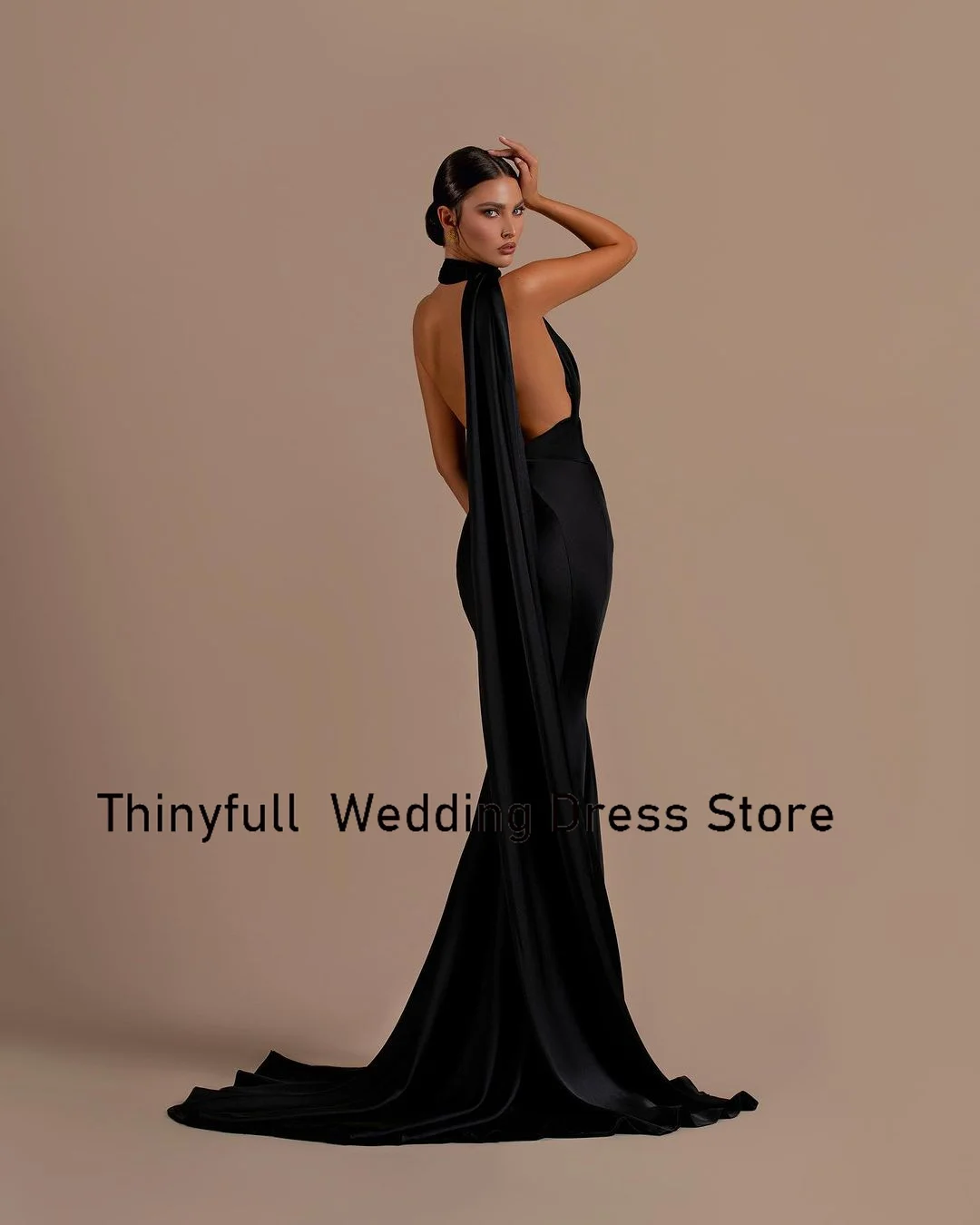 Thinyfull Black Satin Mermaid Evening Party Dresses Halter Sleeveless Prom Dress Long Formal Occasion Gown Robe De Soirée 2024