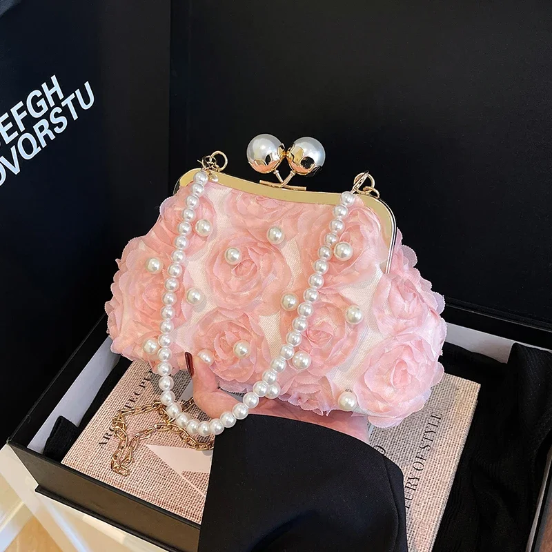 

Elegant Lace Rose Clutch Bag Fashion Wedding Party Dinner Bag Luxury Pearl Chain Crossbody Bag Female Brand Shell Clip Purse