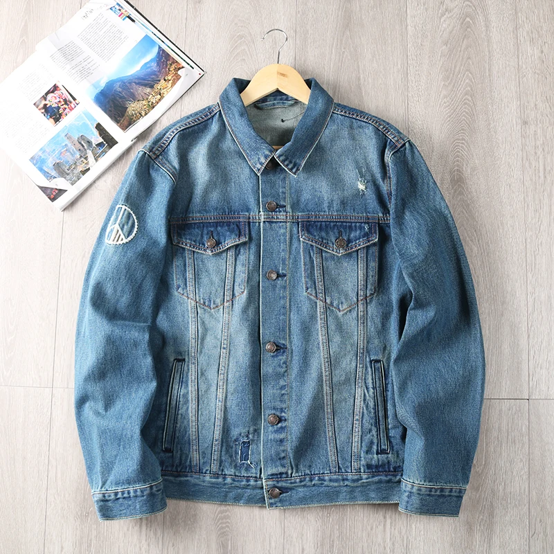 

Loose Fit Men's Denim Jaet Autumn Faion Urban Sle Long Sve Collar Stand Collar Outerwear Worn Look Vintage Feel