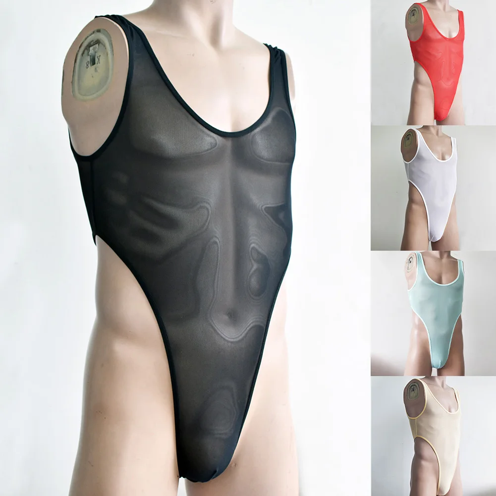 Mens Stretchy See Through Thong Bodysuit Underwear Leotard Sleeveless Nightclub Jumpsuit for Nightwear and Party Use