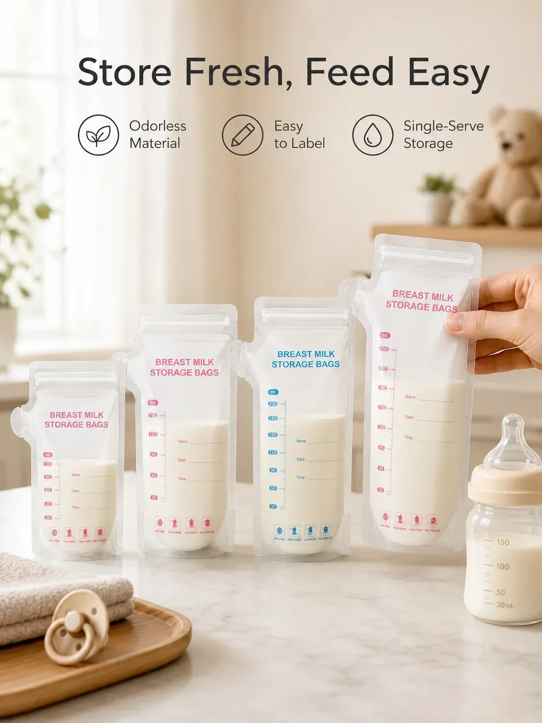 30Pcs Breast Milk Storage Bags, Disposable Pre-Sterilized Leak-Proof Breastmilk Freezer Bags for Baby Feeding