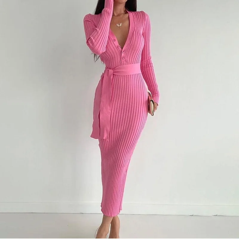 

Spring Women's Waist Tied Button Elegant Slim Knit Long Sleeve Lace Up Dress Temperament Commuting Female Fashion Skinny Dresses