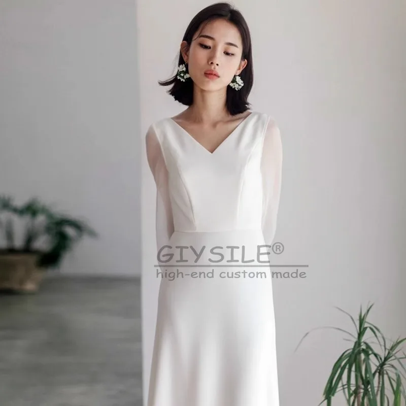 

GIYSILE Customized Light Fashion Sexy Wedding Dress Simple White Satin V-neck Long Sleeve Fairy Party Daily Evening Dresses