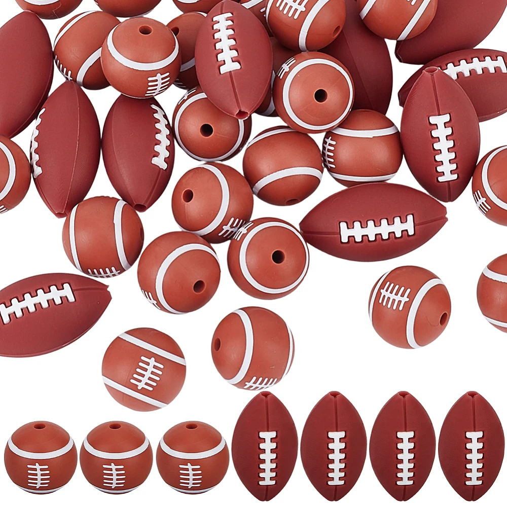 1 Box 35PCS Rugby Beads with Holes Sports Theme Focal Red Round Oval Shape Mixed Spacer Loose Bead Charm Bulk for Jewelry Making