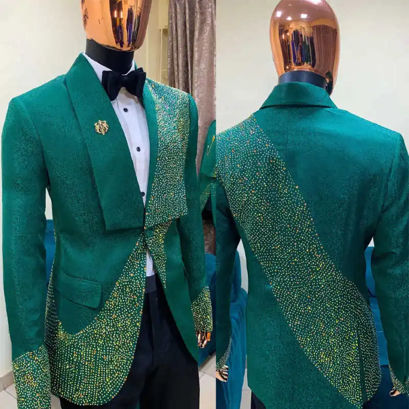

Exquisite Men Suit 2 Pieces Slim Fit Jacket Pants Handmade Beads Diamond Wedding Groom Tuxedo Formal Occasions Customized
