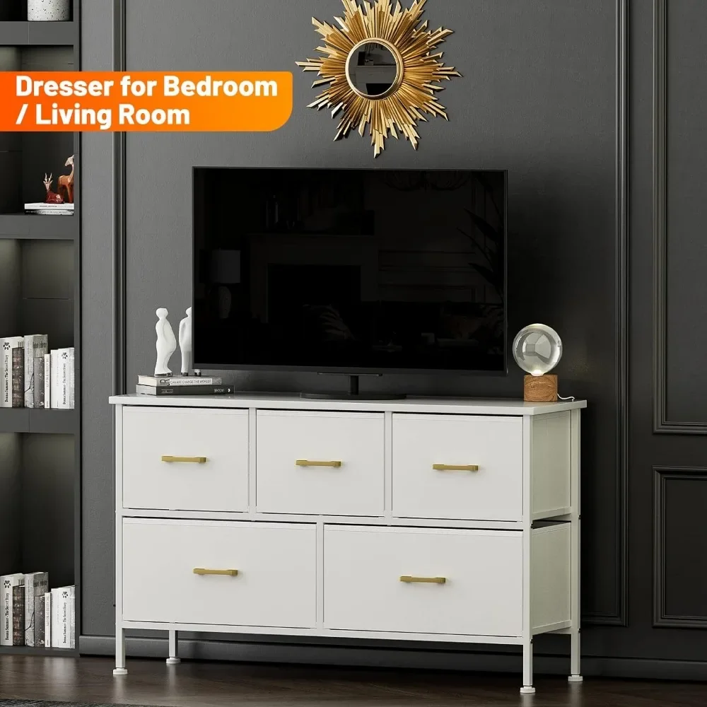 Dress 5 Drawers, Living Room, TV, Nursery, Sturdy Steel Frame Chest of Drawers, Leather Finish, Closet White Dress