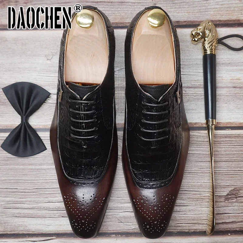 Luxury Brand Men Oxford Shoes Lace up Pointed Toe Brown Black Classic Men Dress Shoes Crocodile Print Leather Shoes Men