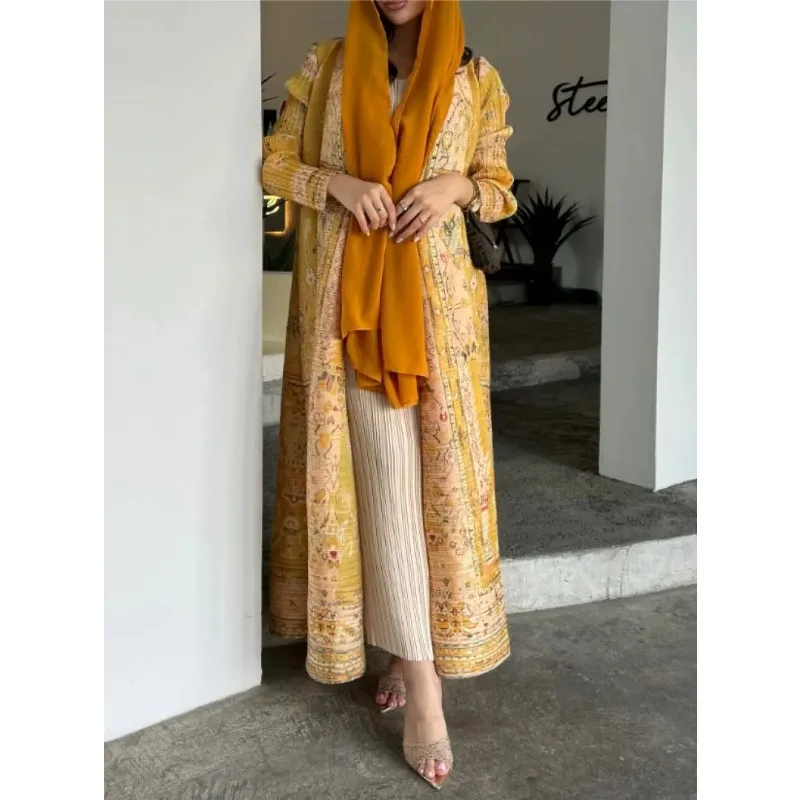 Abaya Ethnic Style Printed Pleated Coat Cape Shawl 2024 Spring/summer Big Collar Lace Up Cardigan Top Long Windbreaker Robe
