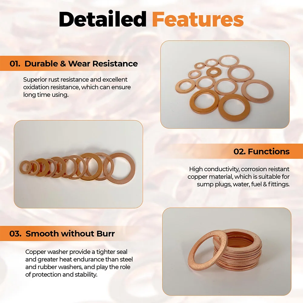 Premium Copper Sealing Crush Washers Kit, Upgraded Flat Ring Oil Drain Plug Gasket Seal Banjo Bolt for Automotive Motorcycles