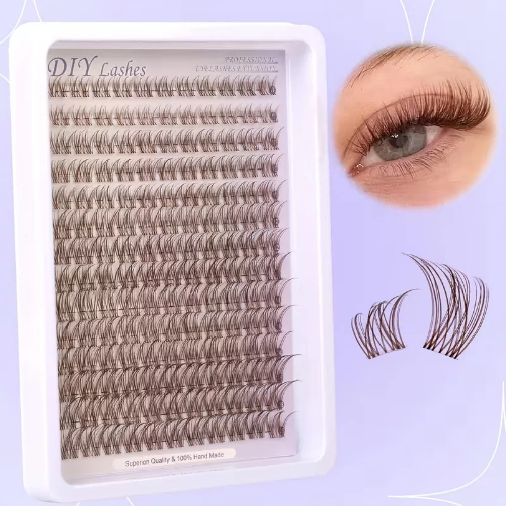 1 Box of 140 Clusters of Brown Natural Fluffy Eyelashes, Fine Lashes 8-16mm with a Natural Look, Soft, Thin, Transparent Stems,