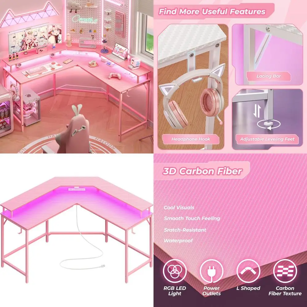 

Игровой L-образный стол с LED-подсветкой, розетками, полками для монитора, поверхностью из углеродного волокна, стол для домашнего офиса с крючками, розовый