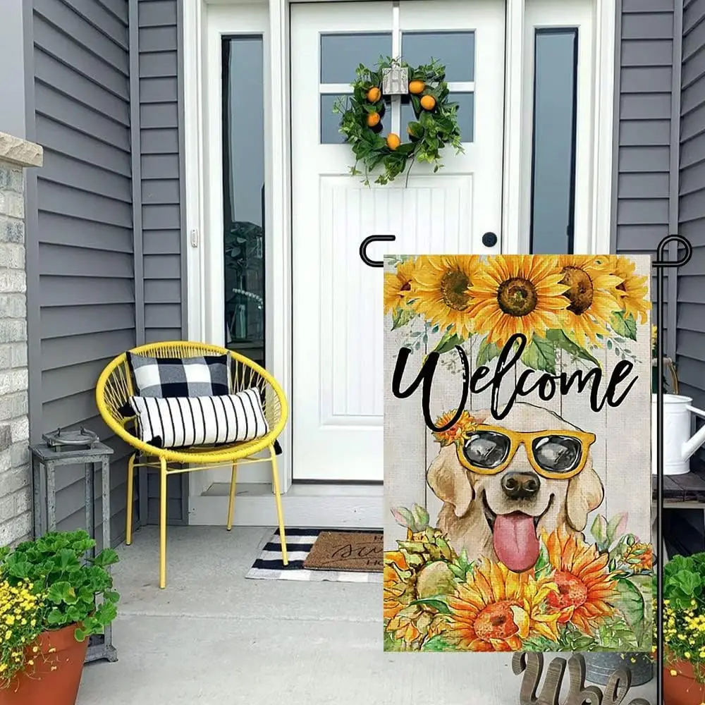 Summer Garden Flag, Welcome Summer Garden Flags 12x18 Double Sided, Golden Retriever Dog Theme Small Burlap Sunflowers Yard Flag