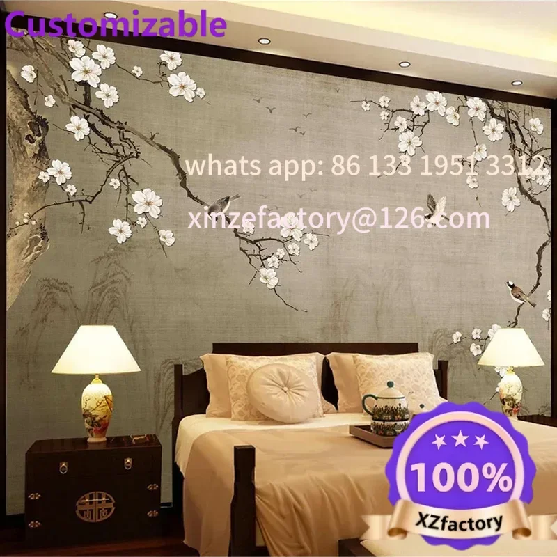 Customizable Vintage Wallpaper 3D Hand-painted Chinese Style Plum Blossom Flower Bird Photo Wall Mural Living Room TV Sofa Backd