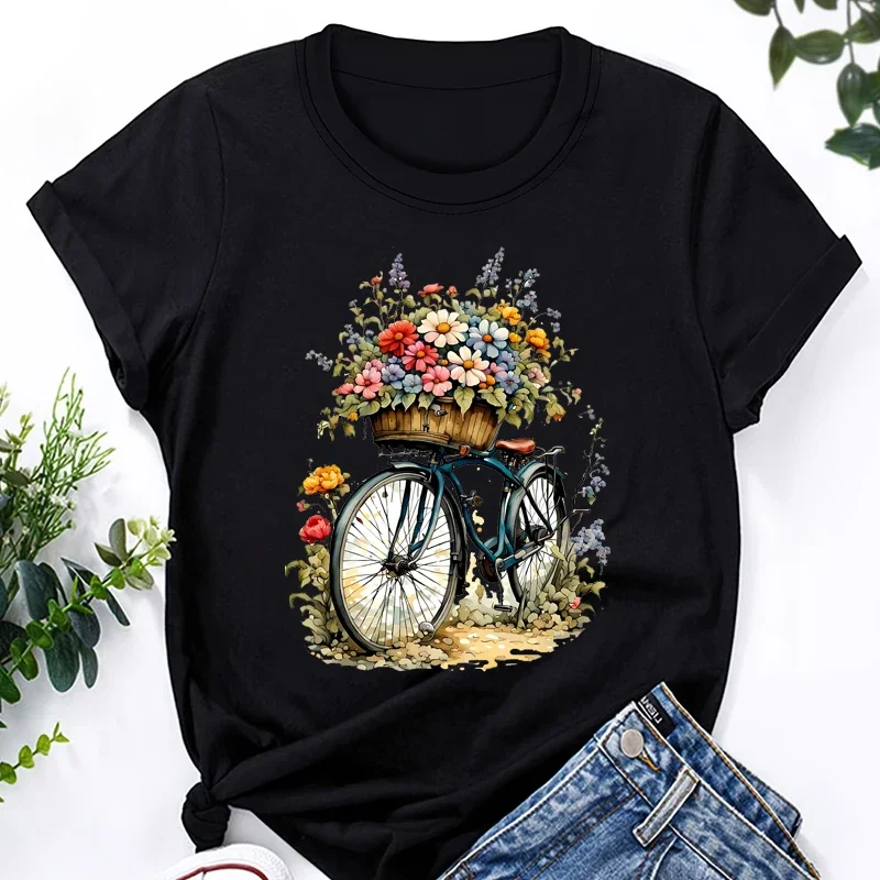 เสื้อยืดผู้หญิงแฟชั่นลายดอกไม้พิมพ์ลายจักรยาน เสื้อยืดแขนสั้นคอกลม เสื้อยืดลำลองสำหรับผู้หญิง เสื้อผ้าท็อปส์