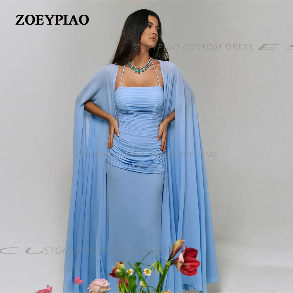 

Elegant Sky Blue Arabic Chiffon Prom Dress Strapless Long Cape Sleeves Pleated Formal Evening Dress Floor Length Party Gowns