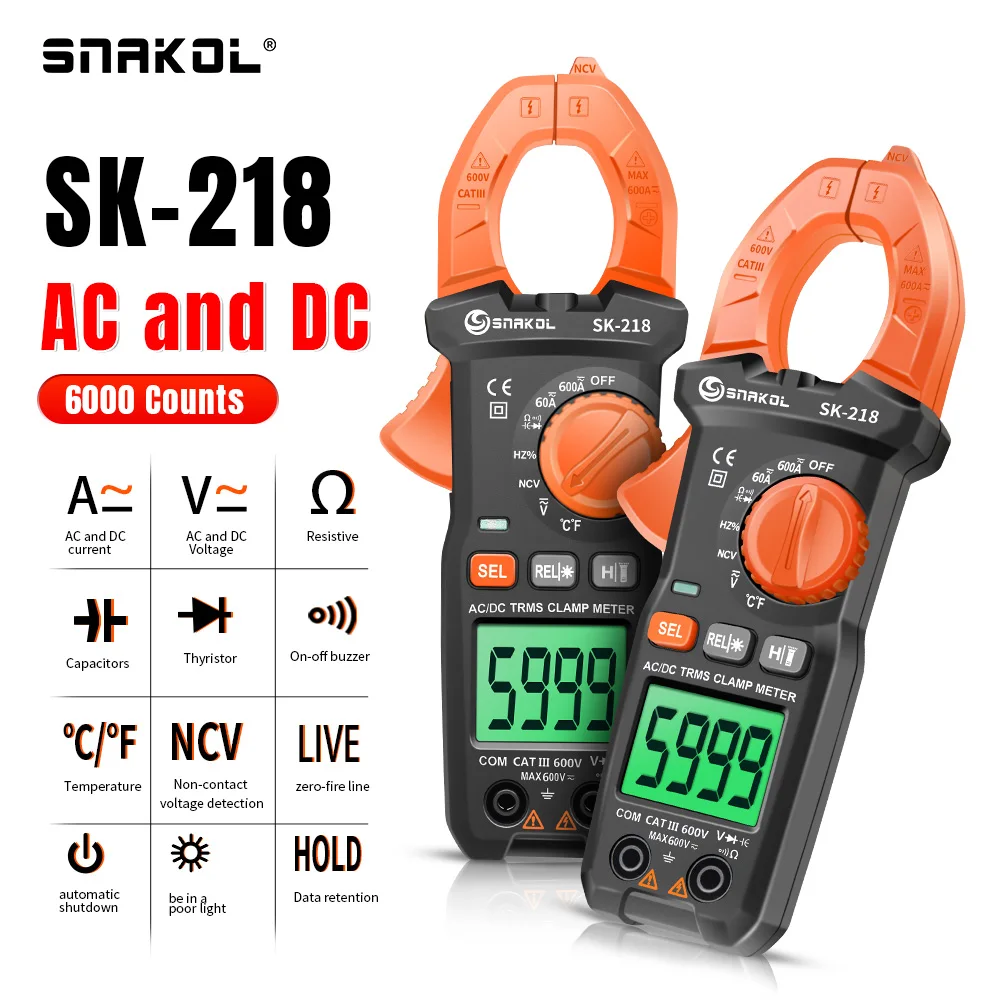 Imagem -03 - Grampo Medidor de Corrente Multímetro Digital Alicate Amperímetro True Rms Alta Precisão Ncv Ohm hz Tester 600a Sk218-ac dc