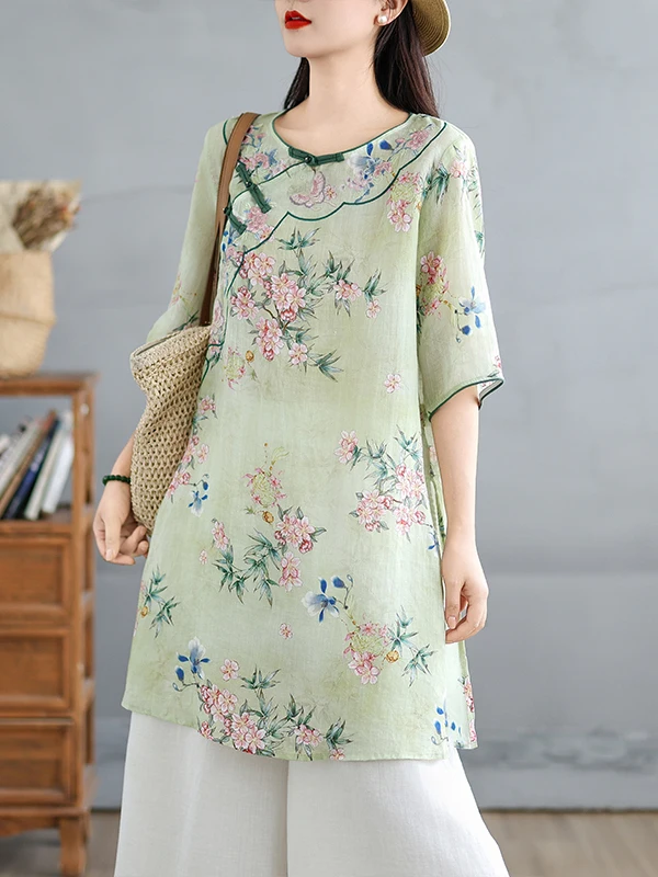 Retro Chinese Sle Geborduurde Vlas irt Dr vrouwen Losse Afslanken Comfortabele High-End Gevoel Thee Kostuum Zomer