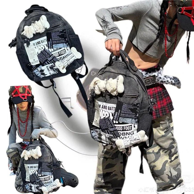 Women Patchwork Backpacks Letter Black Fashion School Bag Large Capacity Bone Y2k Denim Backpack Harajuku Students Book Bags