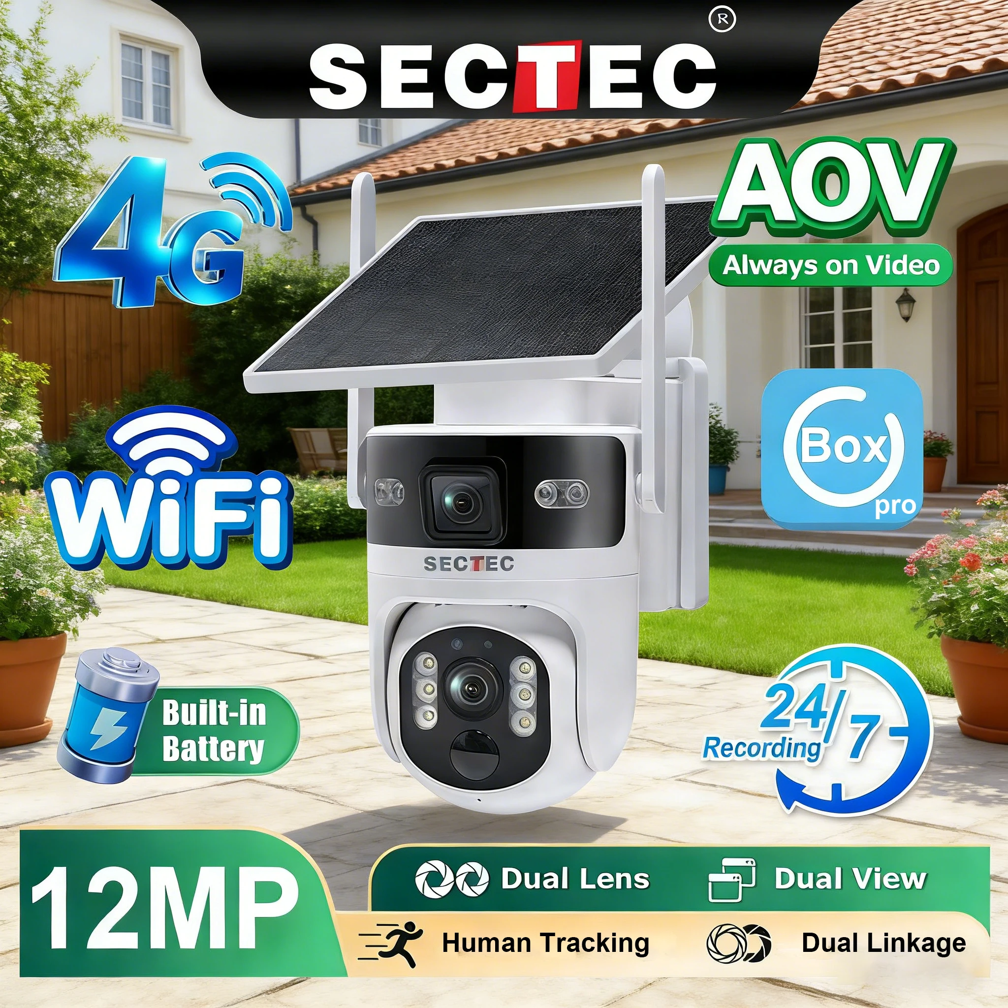 Sectec 4G 12MP Solar Camera SIM Card Dual Lens AOV 24/7 Video Record Outdoor Security Camera Wifi Network 10500mAh Battery