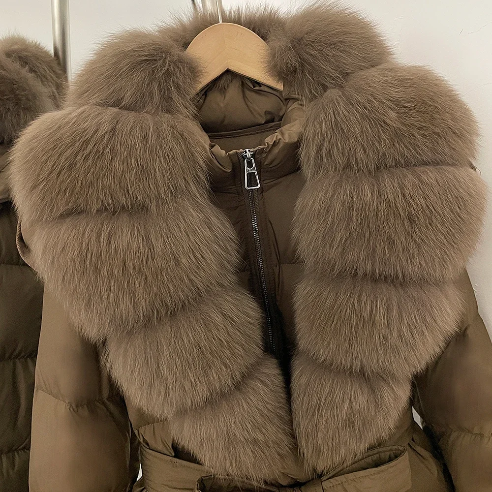 OFTBUY Große Jacke mit Kapuze und natürlichem Pelzkragen, mit echtem Fell, dicker Gürtel, Reißverschluss, Daunenjacke, Damen-Wintermantel – Detail 34