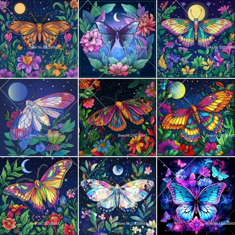 Diamond Art Painting Kits Full Clearance Butterfly With Moon Adult Diamond Painting Vibrant Flowers Night Sky Full Rhinestones