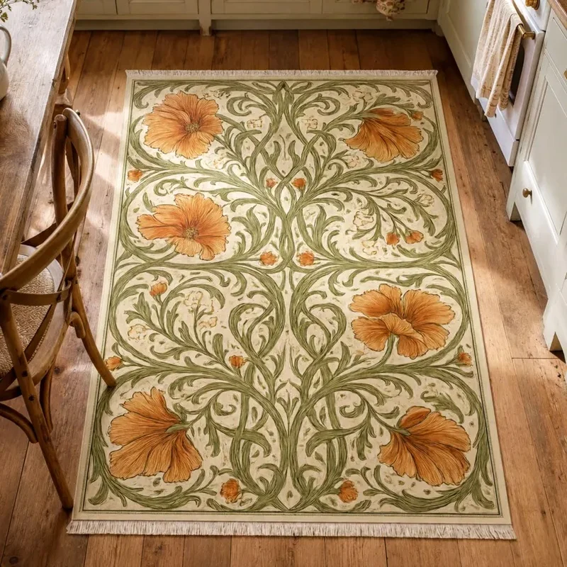 VIKAMA William Morris Rug Cream Orange Poppy Botanical Floral Vintage Cottage Washable Non-Slip Rug for Living Room Bedroom